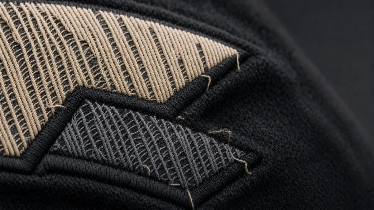 The same detail with typical replica flaws: crooked stitching, glue residue, rough edges