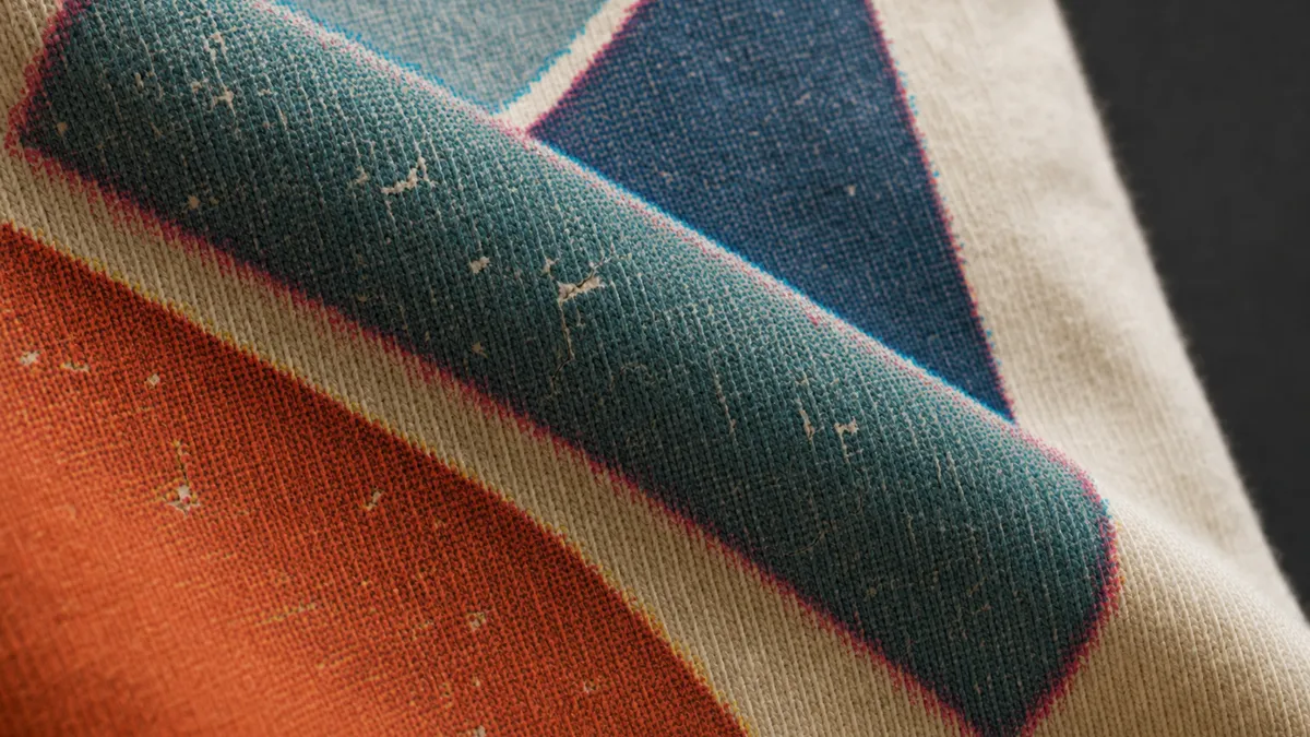 The same detail with typical replica flaws: crooked stitching, glue residue, rough edges